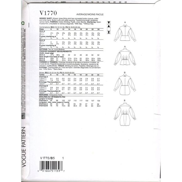 Vogue V1770 Misses 16 to 24 Button Up Blouse Uncut Sewing Pattern - Picture 2 of 2